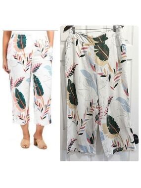 Cynthia Rowley 100% Linen Wide Leg Cropped Tropical Leaf Print Pants Size 1X